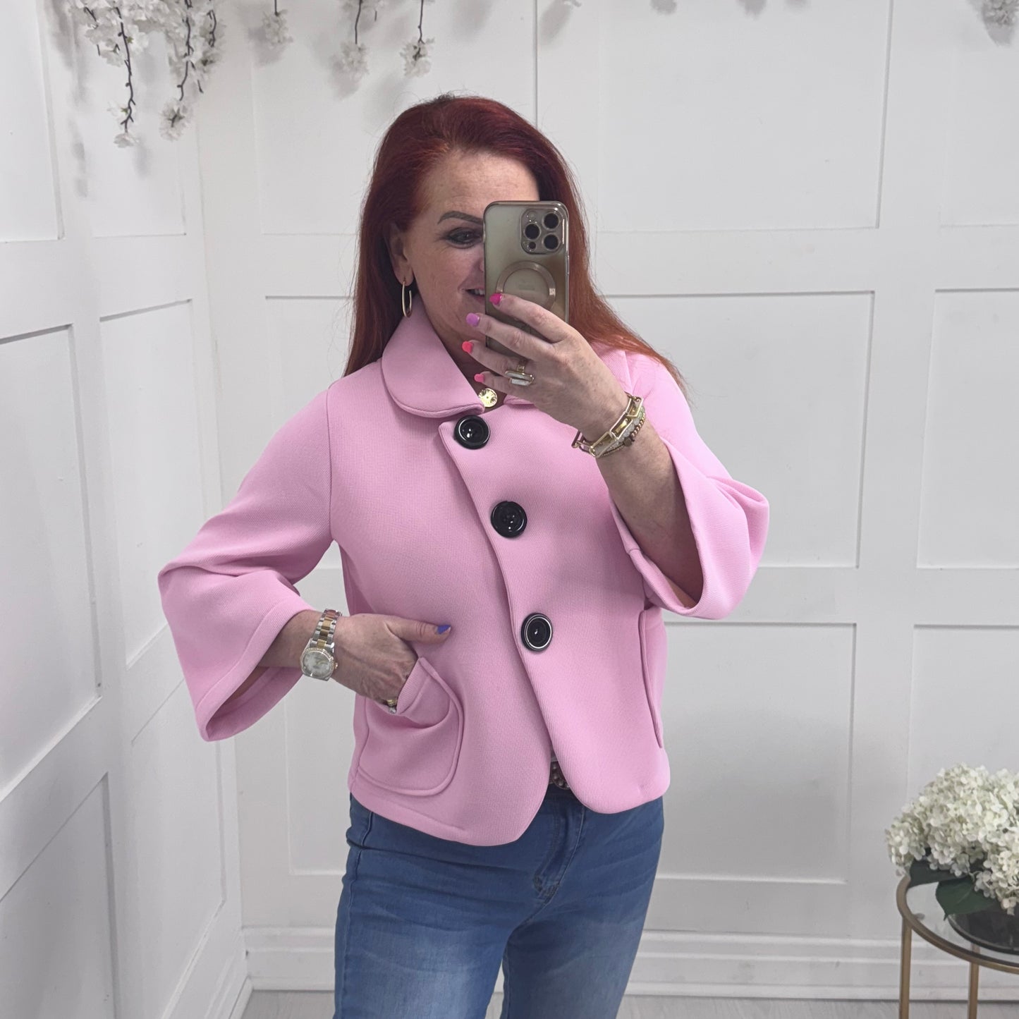 Margot: Pink short large button jacket. One size: 10-16
