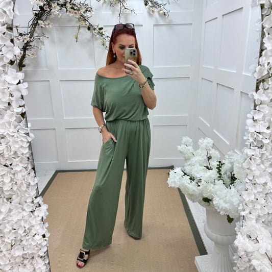 Rhianna: Khaki jersey draped wide leg jumpsuit. One size: 10-16