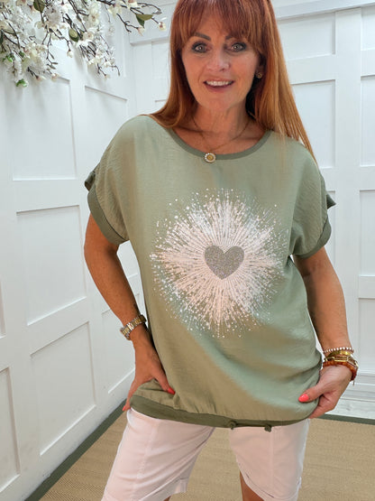 Honey: Silver diamanté heart burst top. One size: 10-16. 3 colours