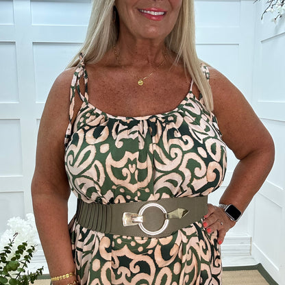 Kandi: Khaki abstract print strappy maxi dress. One size 16-22