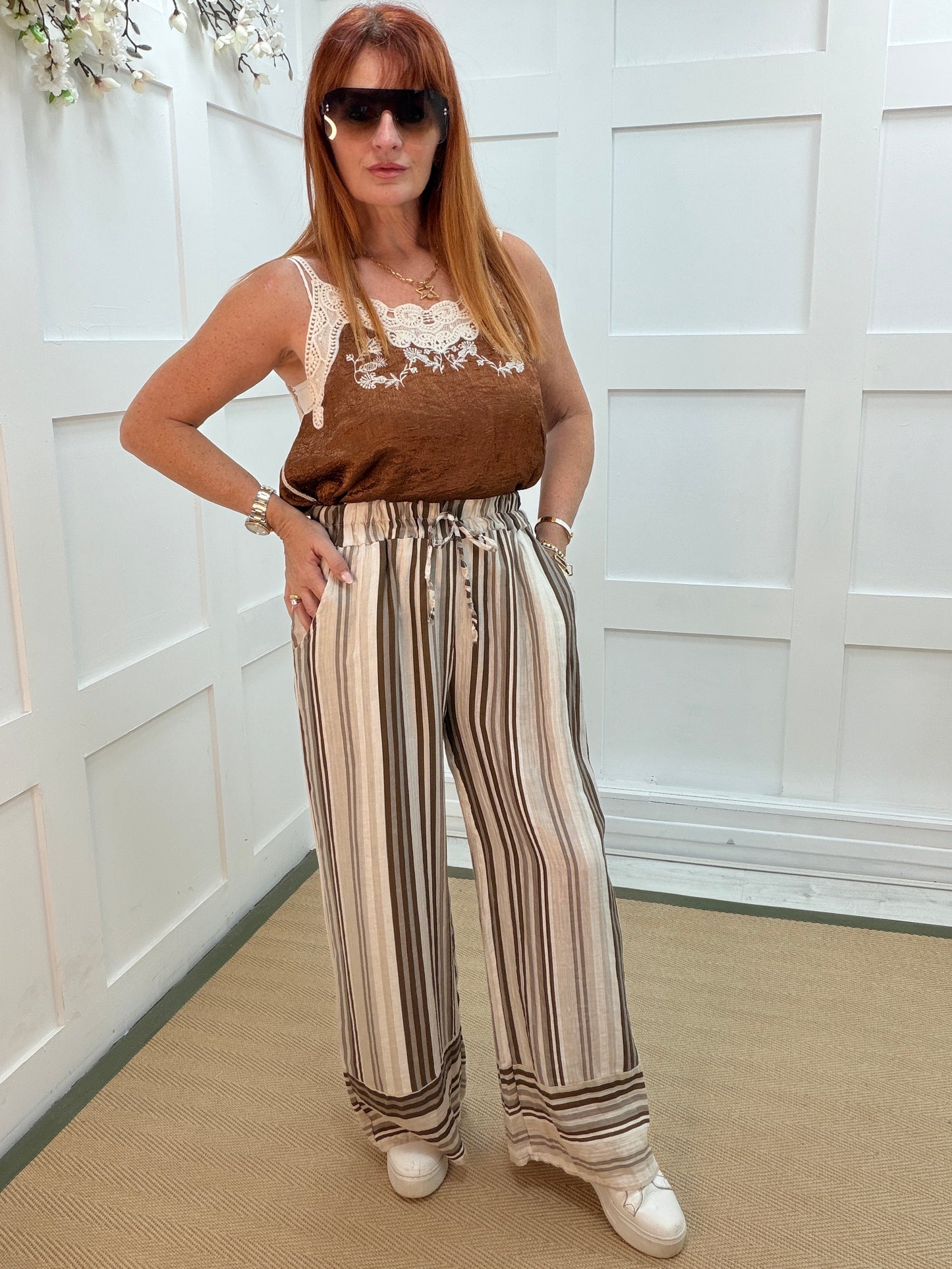 Sophie: Wide leg stripe trousers. One size: 10-16. 2 colours