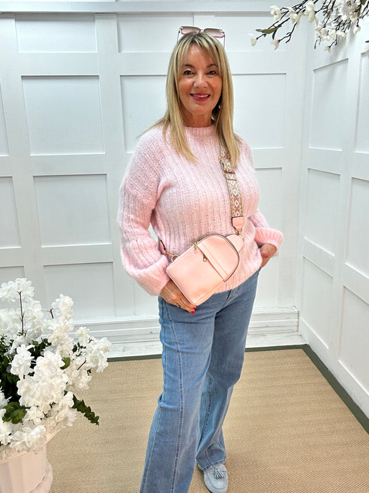 Belle: Pink ribbed balloon sleeve knit top. One size 12-18