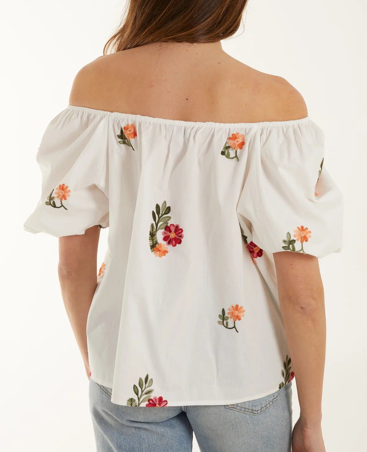 Georgie: White floral embroidered Bardot top. 2 sizes