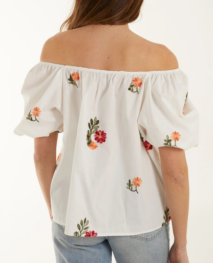 Georgie: White floral embroidered Bardot top. 2 sizes