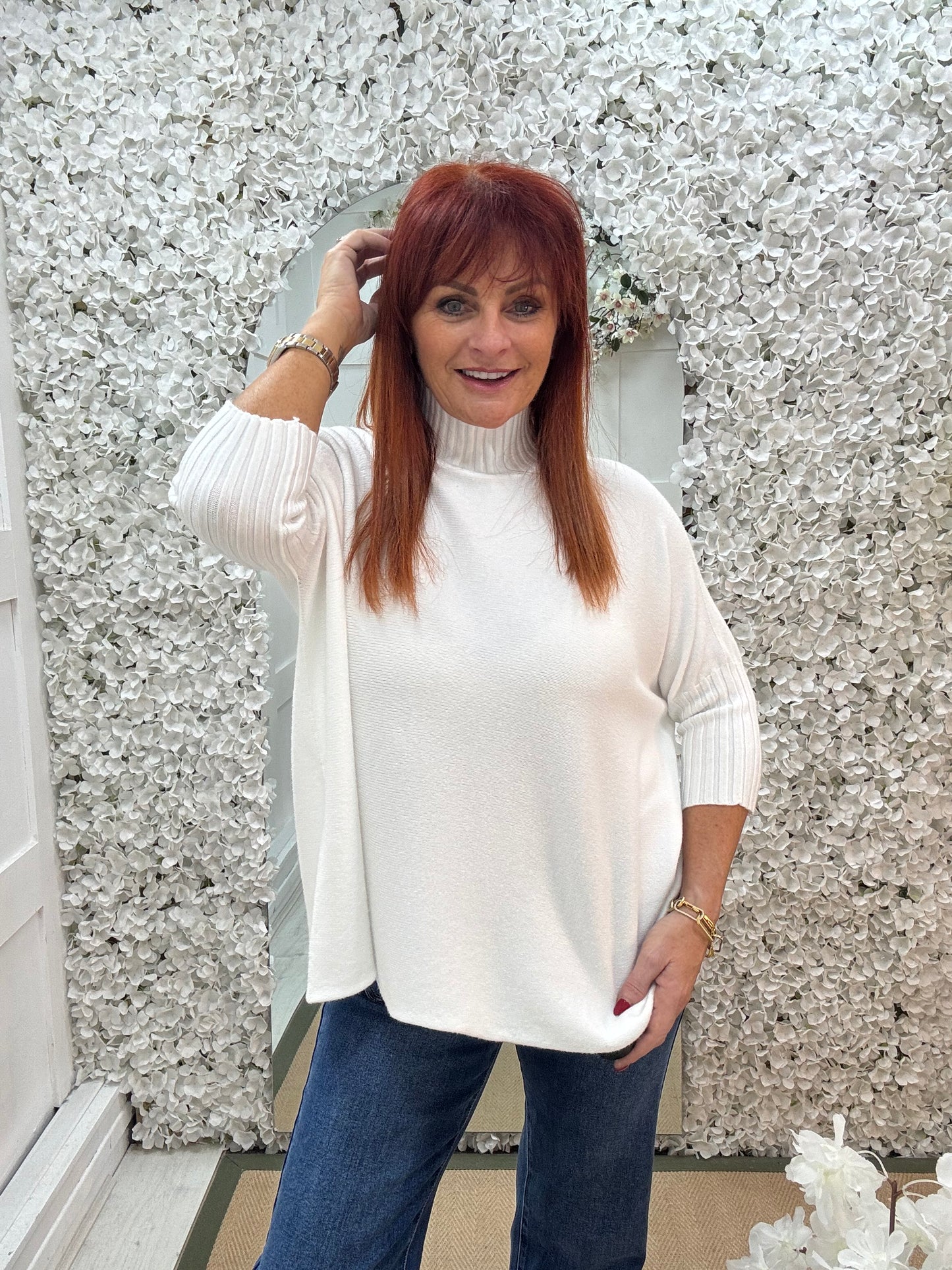 Sammie: Winter white high neck knitted top. One Sz: 12-18