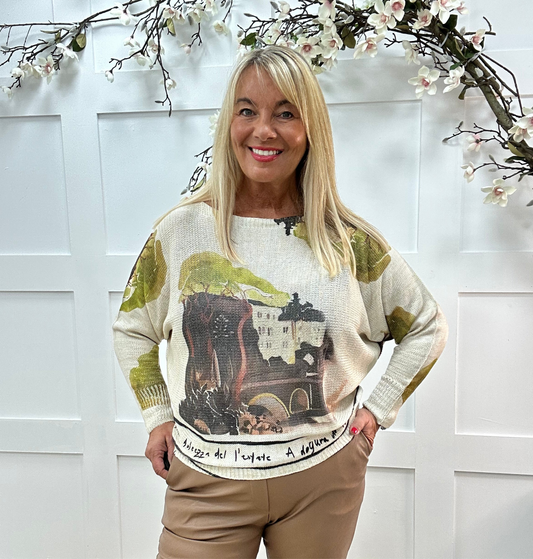 Billie: Khaki Italian print stretchy top. One size: 12-18