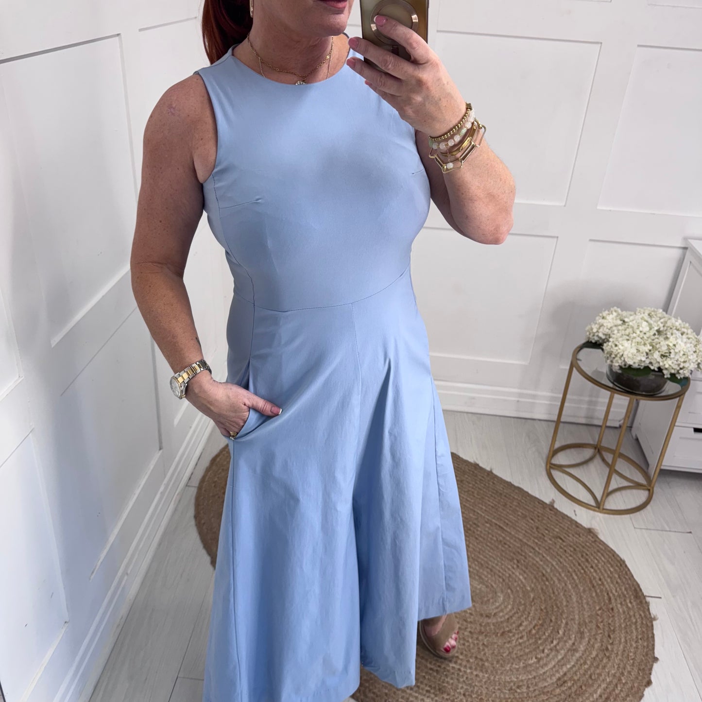 Tori: Baby blue wide leg pocket jumpsuit. One size: 10-14