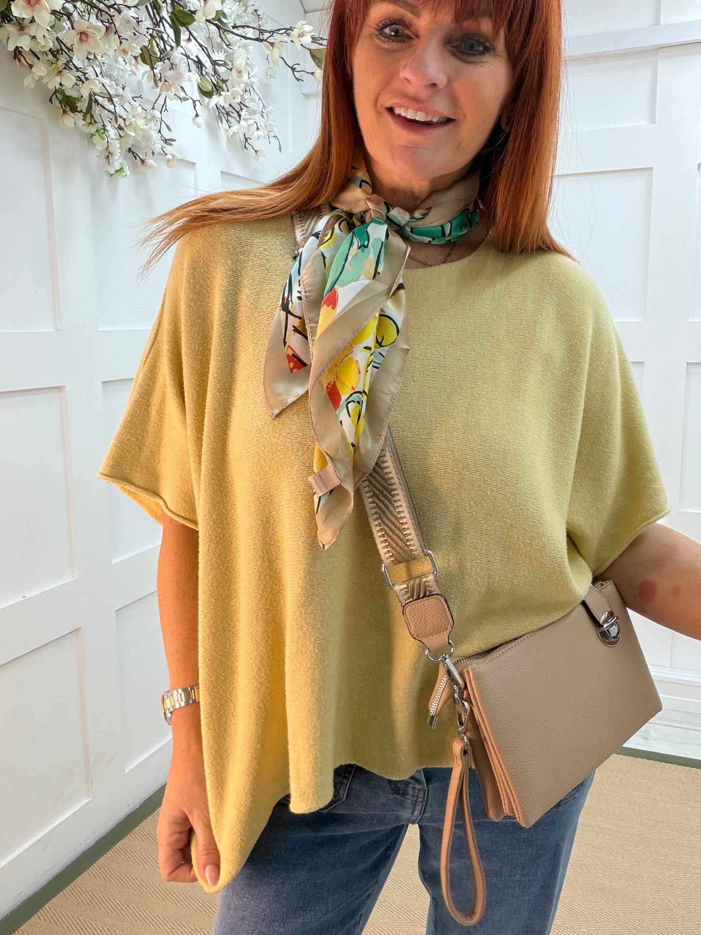 Carrie: Honey mustard short knitted top. One size: 12-18/20