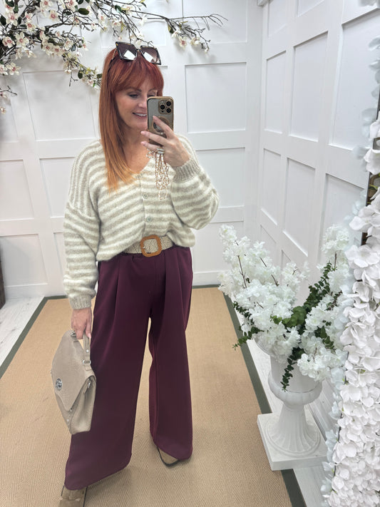 Ellis: Burgundy stretchy wide leg belted trousers One Size: 14-20