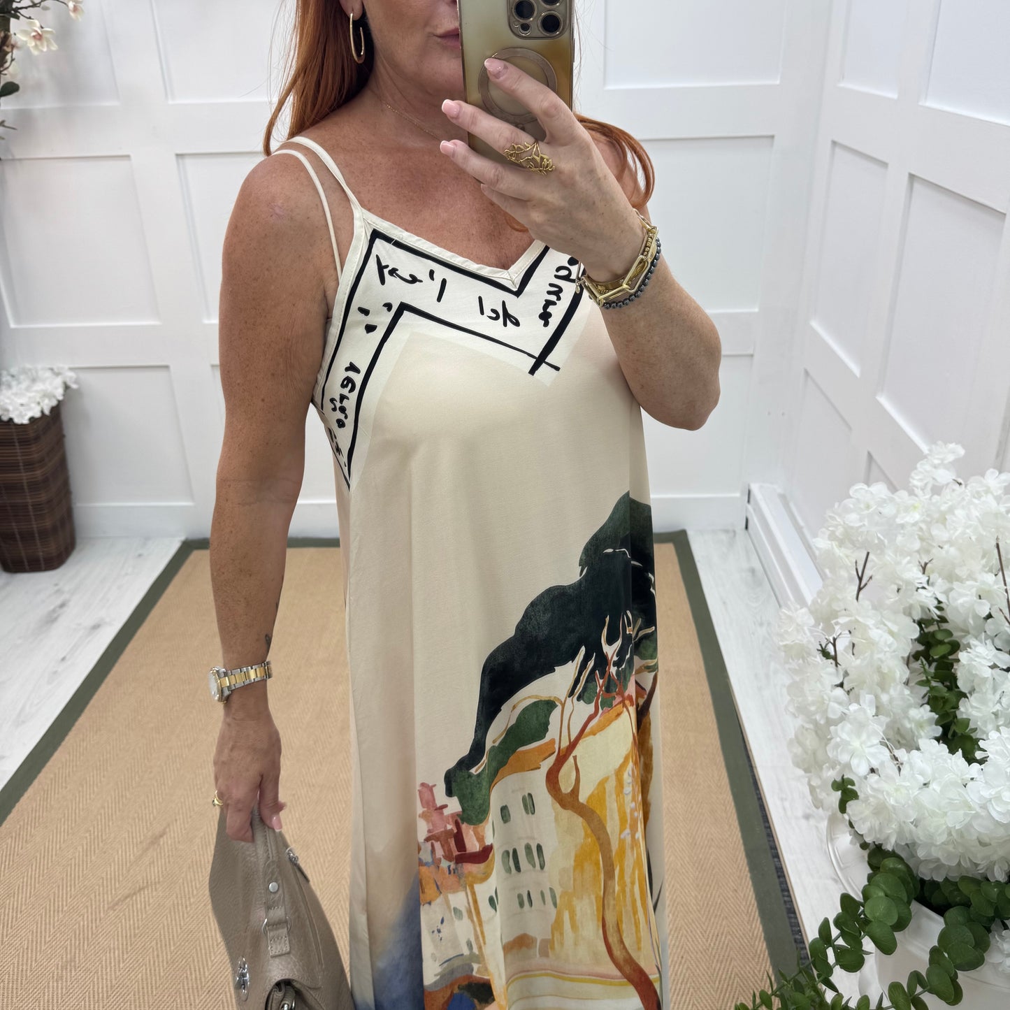 Ariana: Cream Amalfi print maxi dress. One size: 12-16