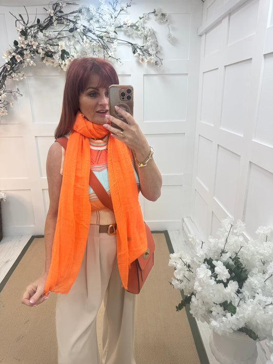 Tula: Neon orange long frayed raw edge scarf. One size