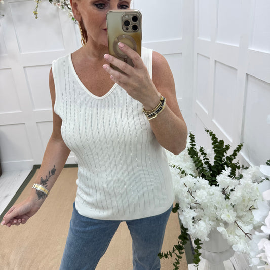 Pilar: Cream diamanté stretchy vest top. One size: 12-18