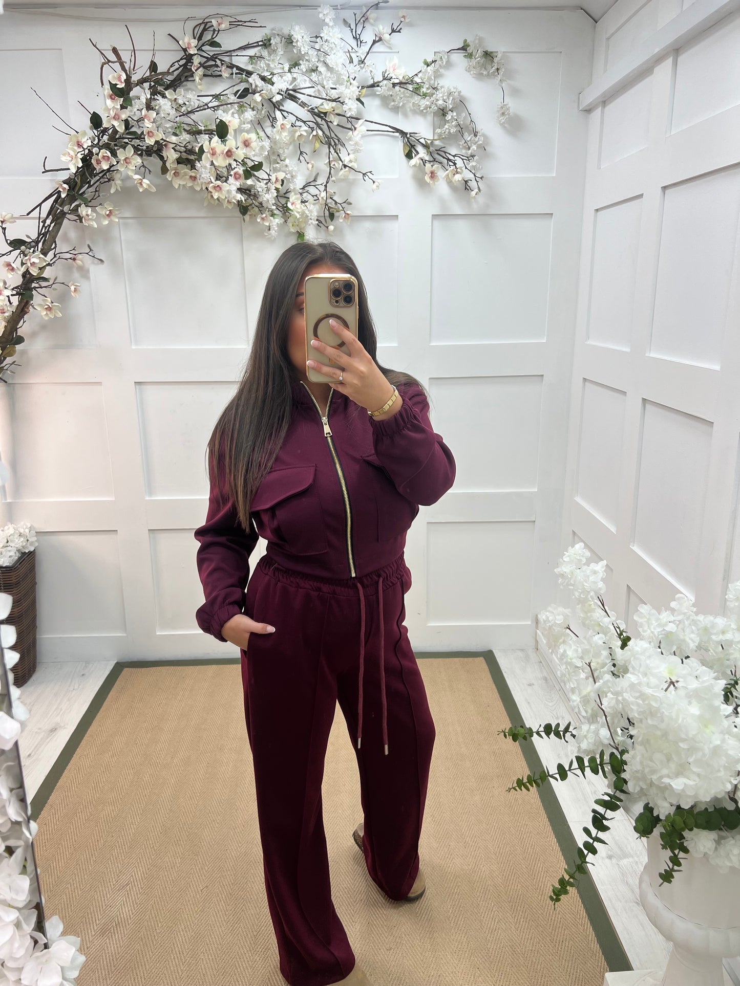 Trudy (Short): Burgundy stretchy wide leg pocket trousers. One size: 10-16