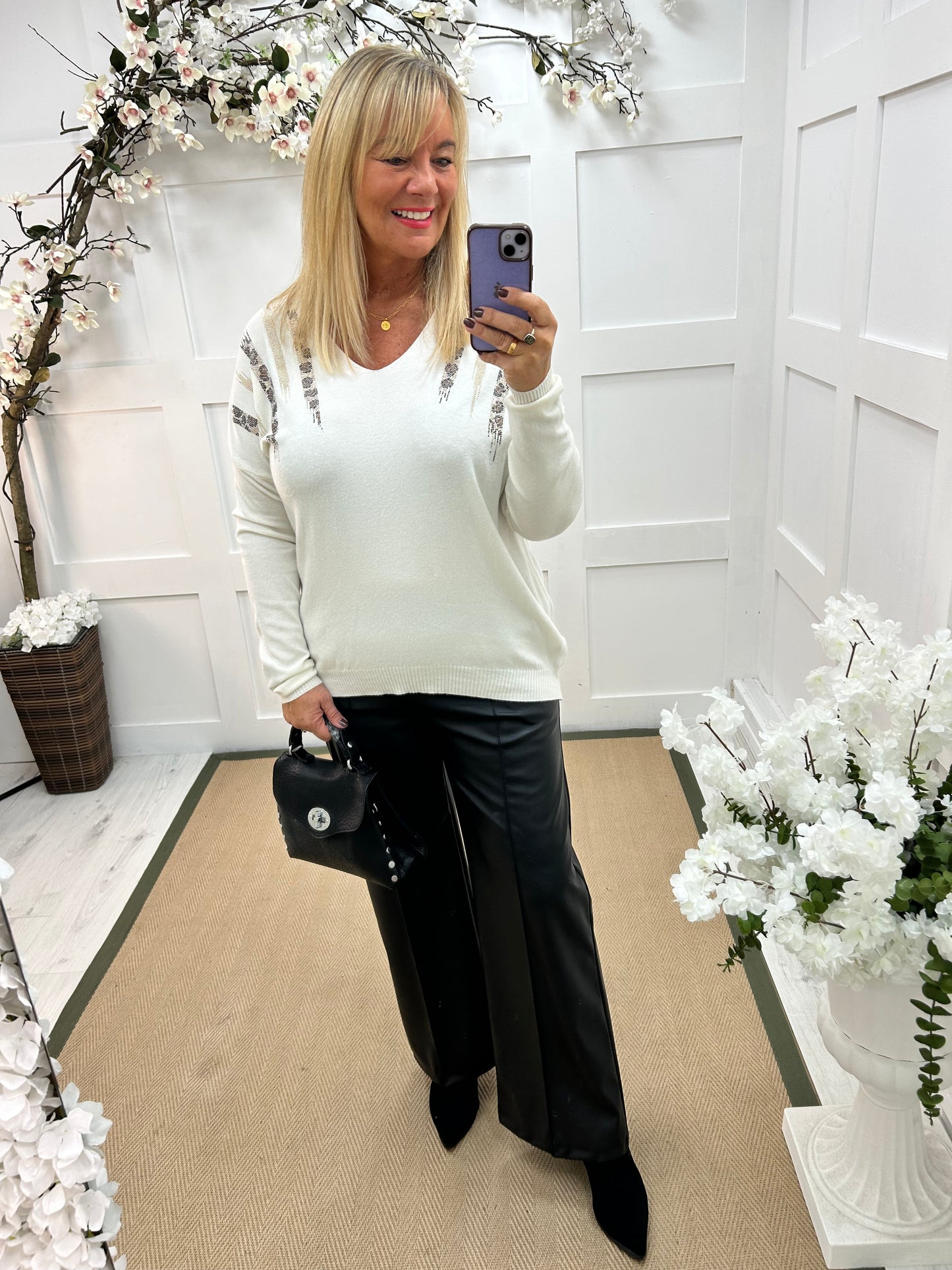 Pasha: Winter white leopard print sequin top. One size: 12-18