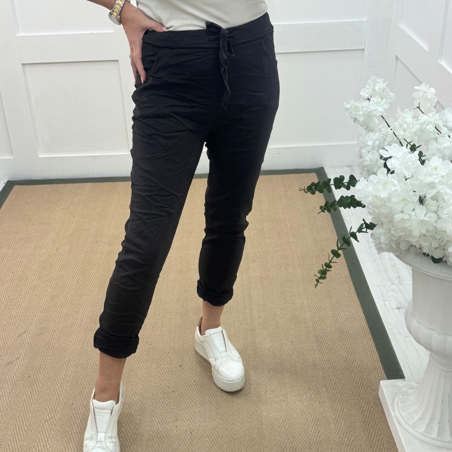 Marnie: Stretchy brown magic trousers with rear pockets. 3 Sizes: 10-22