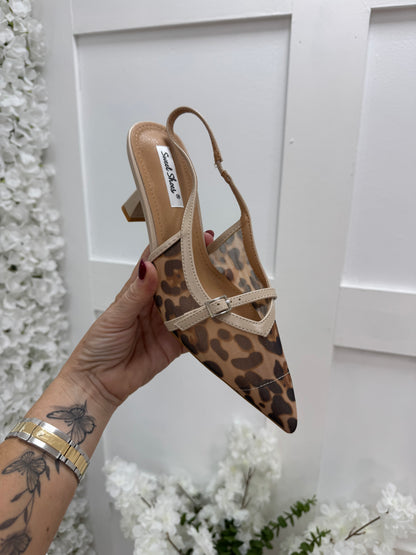 Zola: Leopard print kitten heel sling back shoes. Sizes: 3-8