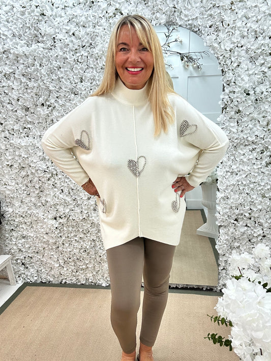 Eliana: Cream beaded heart knit top. One size: 14-20
