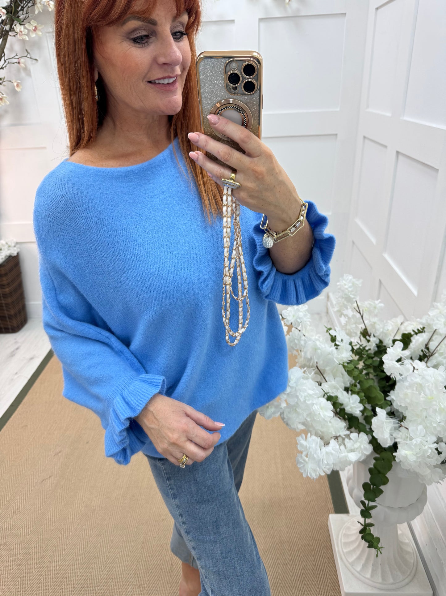 Sierra: Cornflower blue batwing fluted sleeve knitted top. One Size 12-18/20
