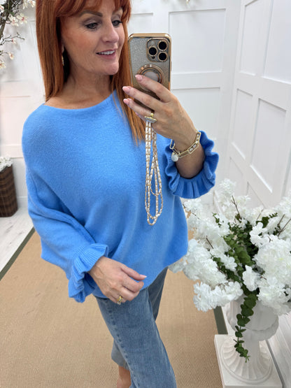 Sierra: Cornflower blue batwing fluted sleeve knitted top. One Size 12-18/20