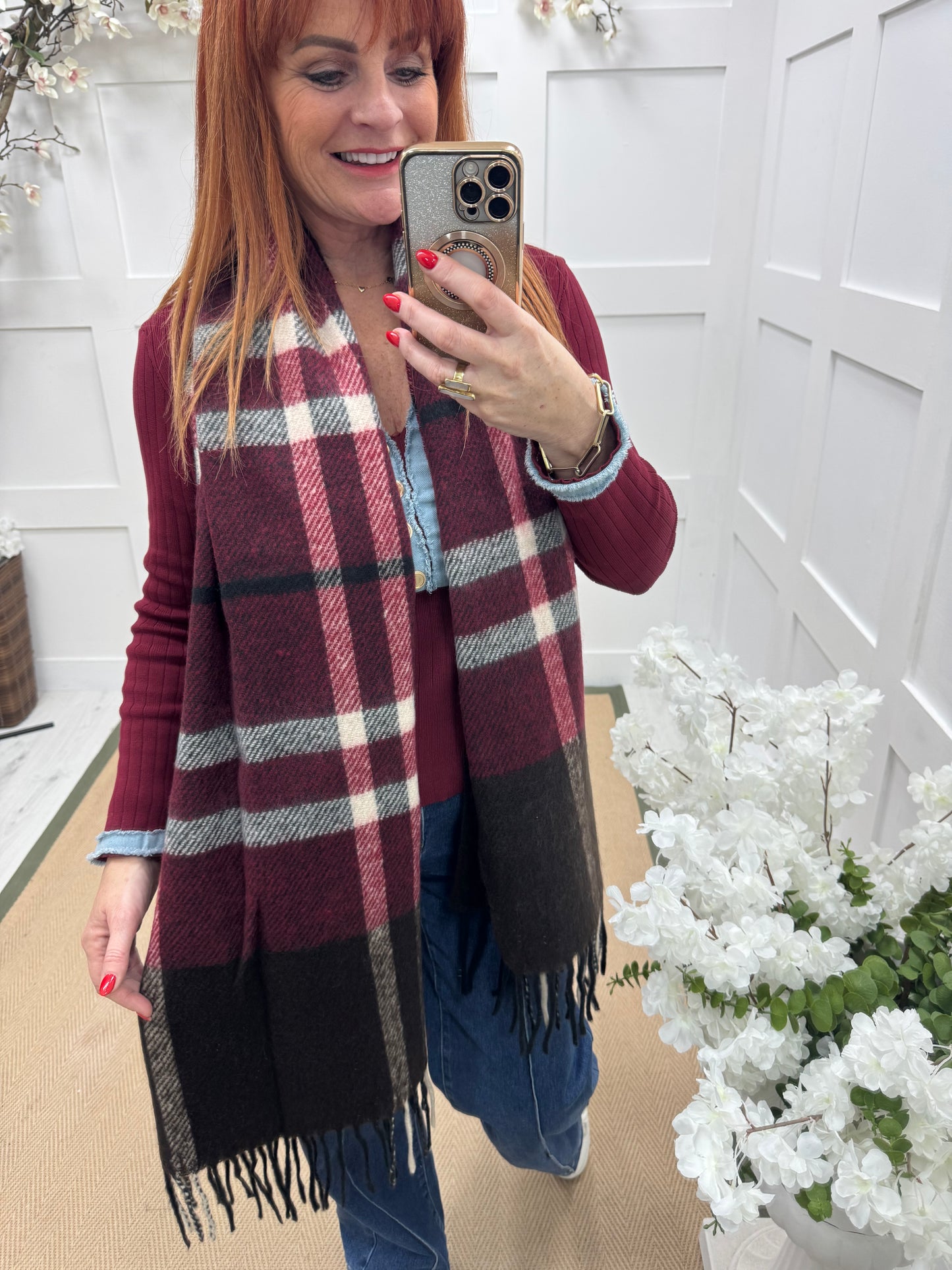 Britt: Burgundy check designer inspired cashmere blend scarf