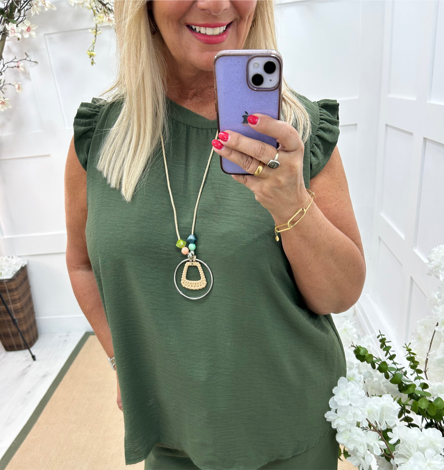 Ember: Khaki frill sleeve top & pendant. One size: 14-20