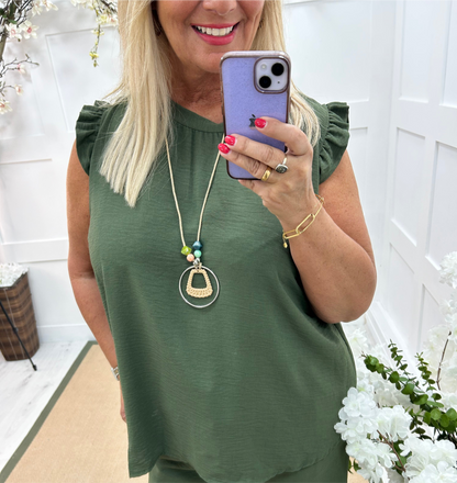 Ember: Khaki frill sleeve top & pendant. One size: 14-20