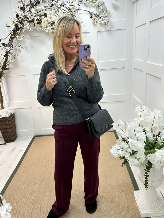 Teddi: Dark grey soft knit hooded top. 2 sizes