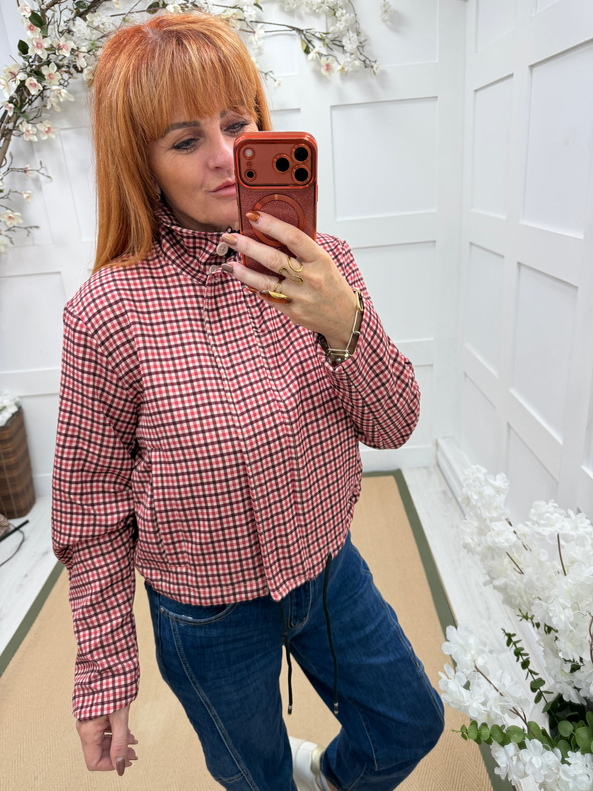 Emmie: Check funnel neck bomber jacket. One size 10-16. 2 colours