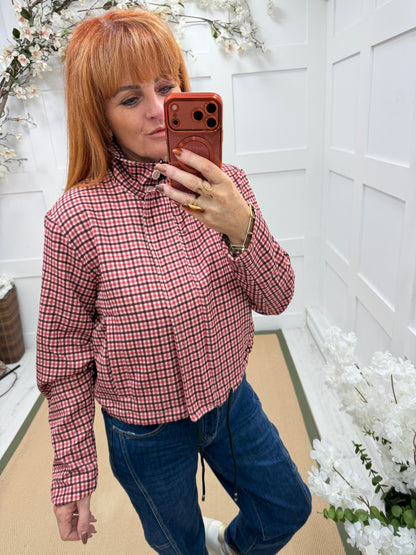 Emmie: Check funnel neck bomber jacket. One size 10-16. 2 colours