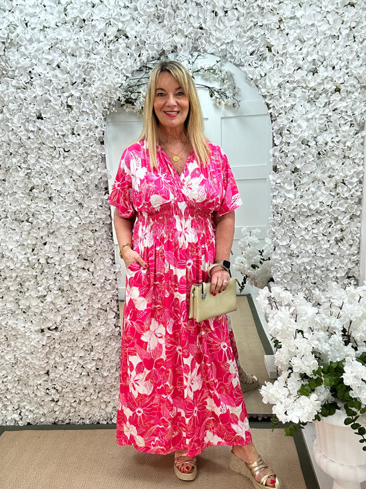 Harriet: Stretchy hot pink floral maxi dress. One size 12-20