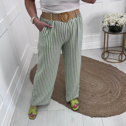 Tiff: Lime stripe wide leg belted trousers. One size: 8-14