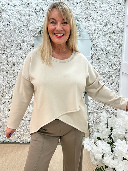 Phoebe: Taupe over lay front oversized top . One size: 14-18