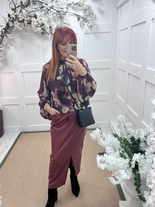 Holly: Burgundy & cream print high neck top. One size: 10-16