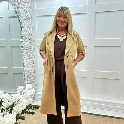 Marina: Sand long suedette trench coat. One size 12-18