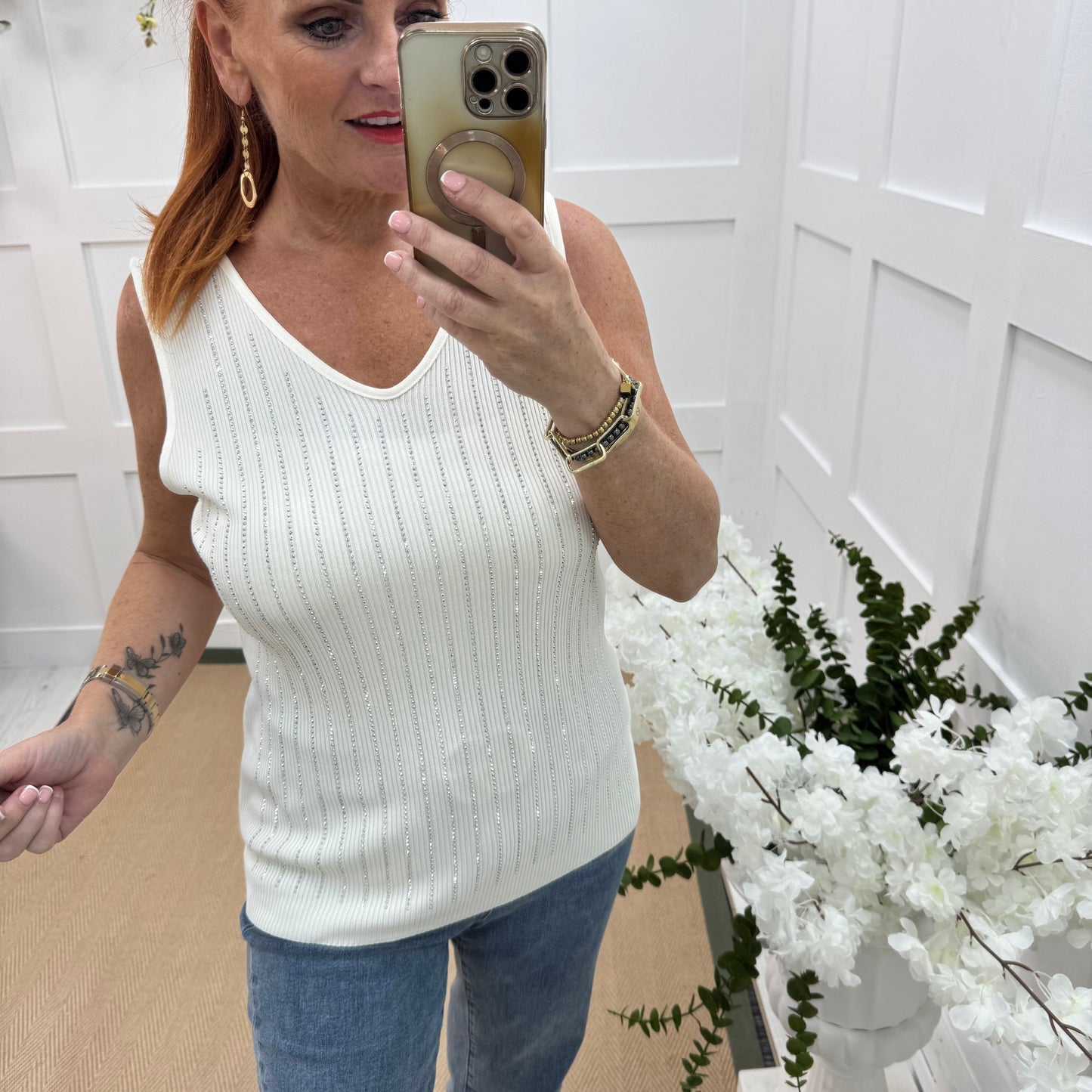 Pilar: Cream diamanté stretchy vest top. One size: 12-18