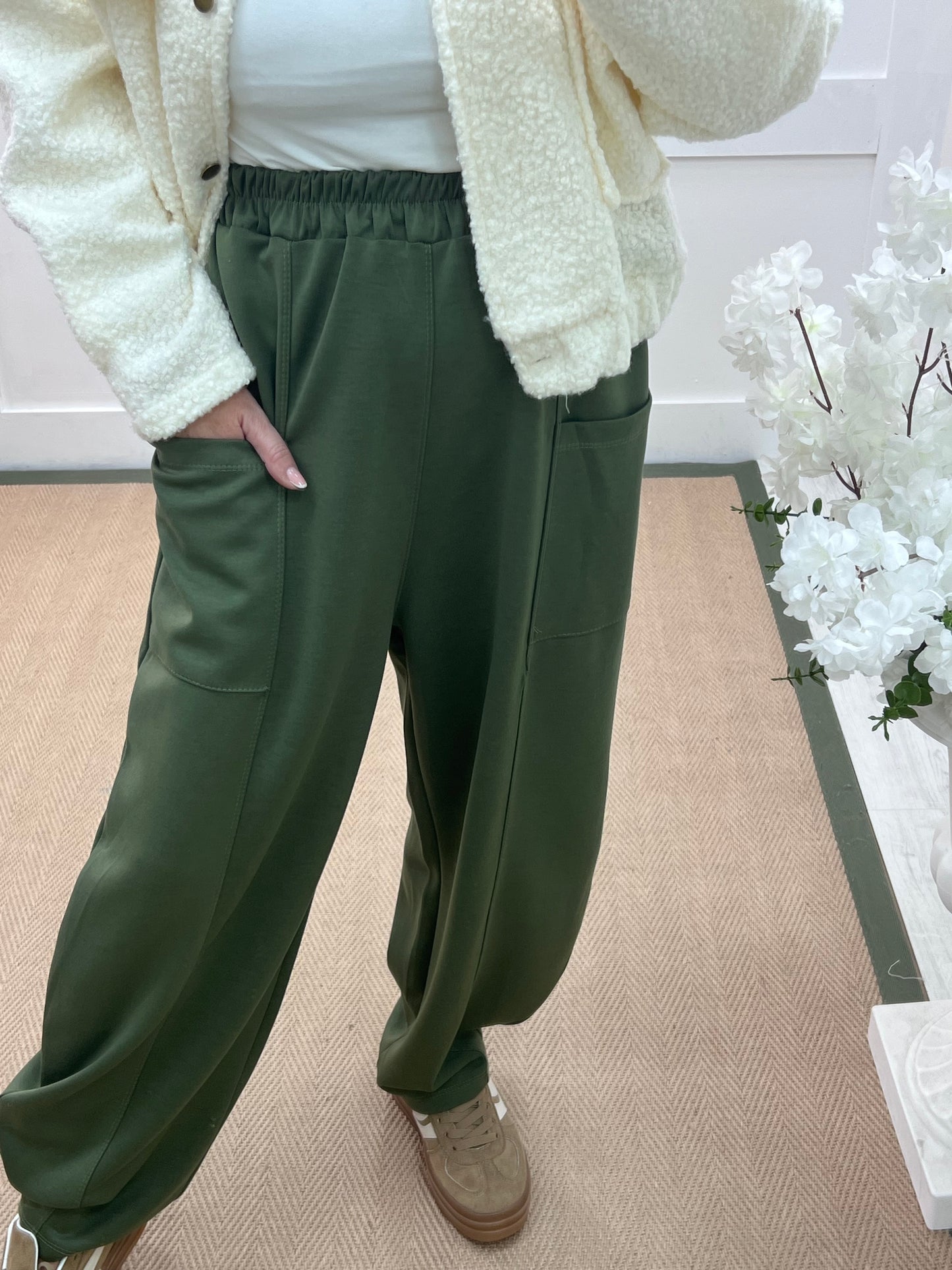 River: Khaki cocoon harem trousers. One Sz: 14-20