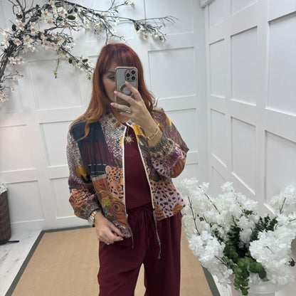 Amelia: Silky burgundy printed bomber jacket. One size: 8-16