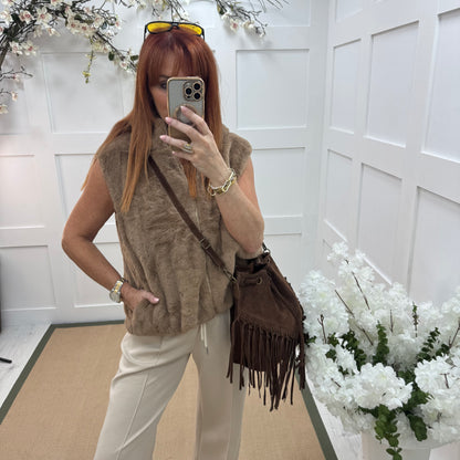 Sophie: Brown faux fur hoodie gilet. One size 12-18