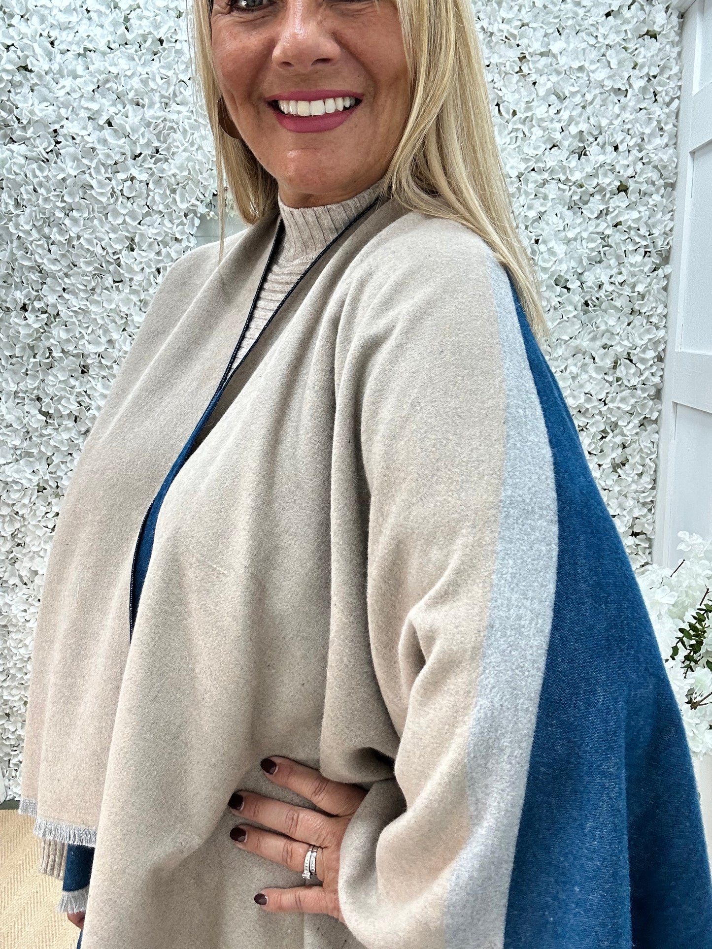 Nellie: Blue & cream wool blend cape. Free size