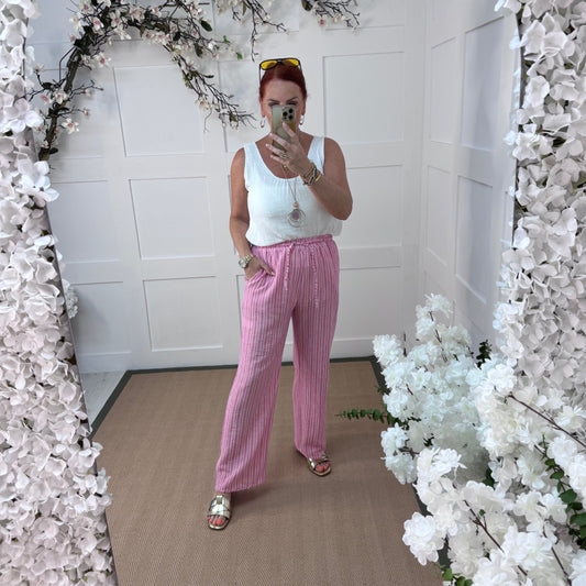 Alice: Pink & white stripe wide leg trousers. One size: 10-14