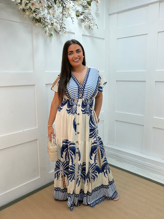 Pasha: Blue palm tree print V neck stretchy maxi dress. One size: 10-18