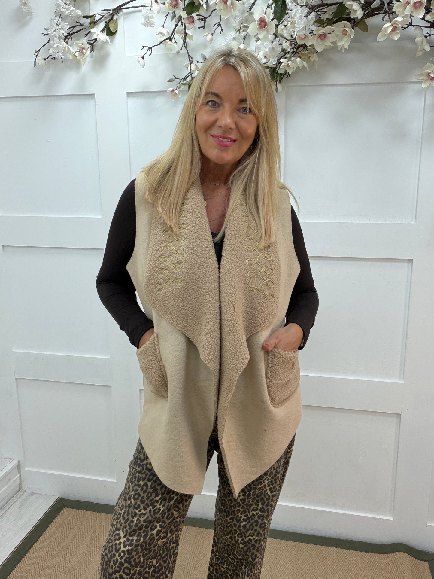Wyatt: Beige boucle embroidered waistcoat. One size 14-20
