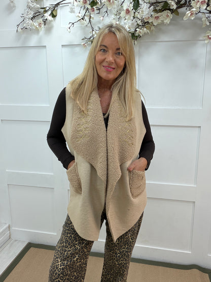 Wyatt: Beige boucle embroidered waistcoat. One size 14-20