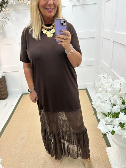 Celeste: Chocolate brown lace maxi dress. One size: 14-18