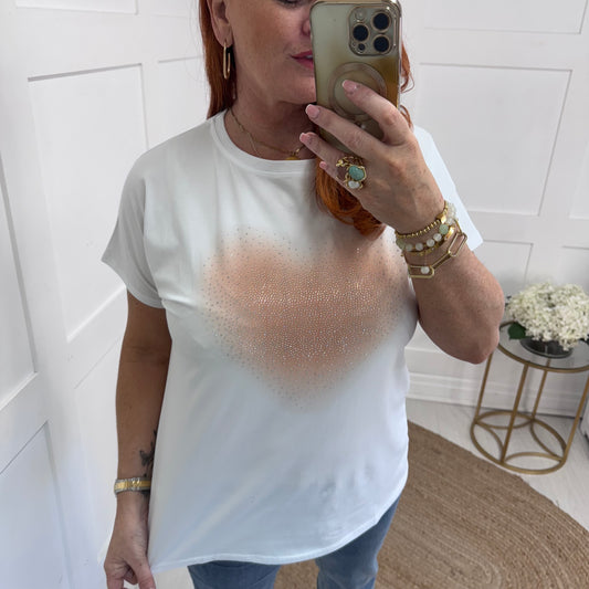 Katie: White & peach diamanté’ heart T shirt. One size: 14-18