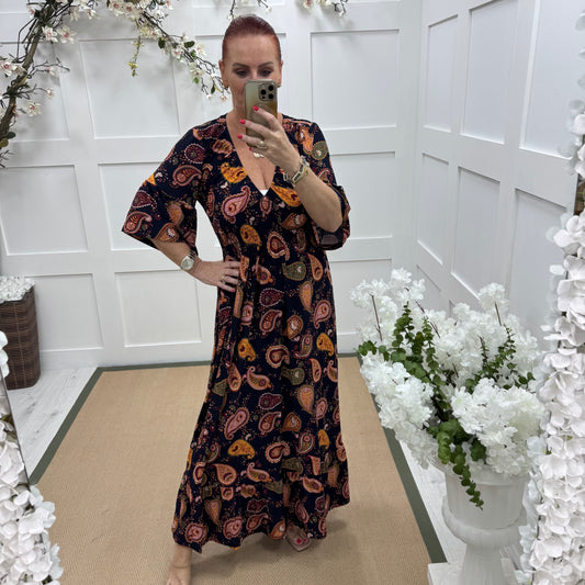 Katia: Navy & orange paisley maxi dress. 3 sizes