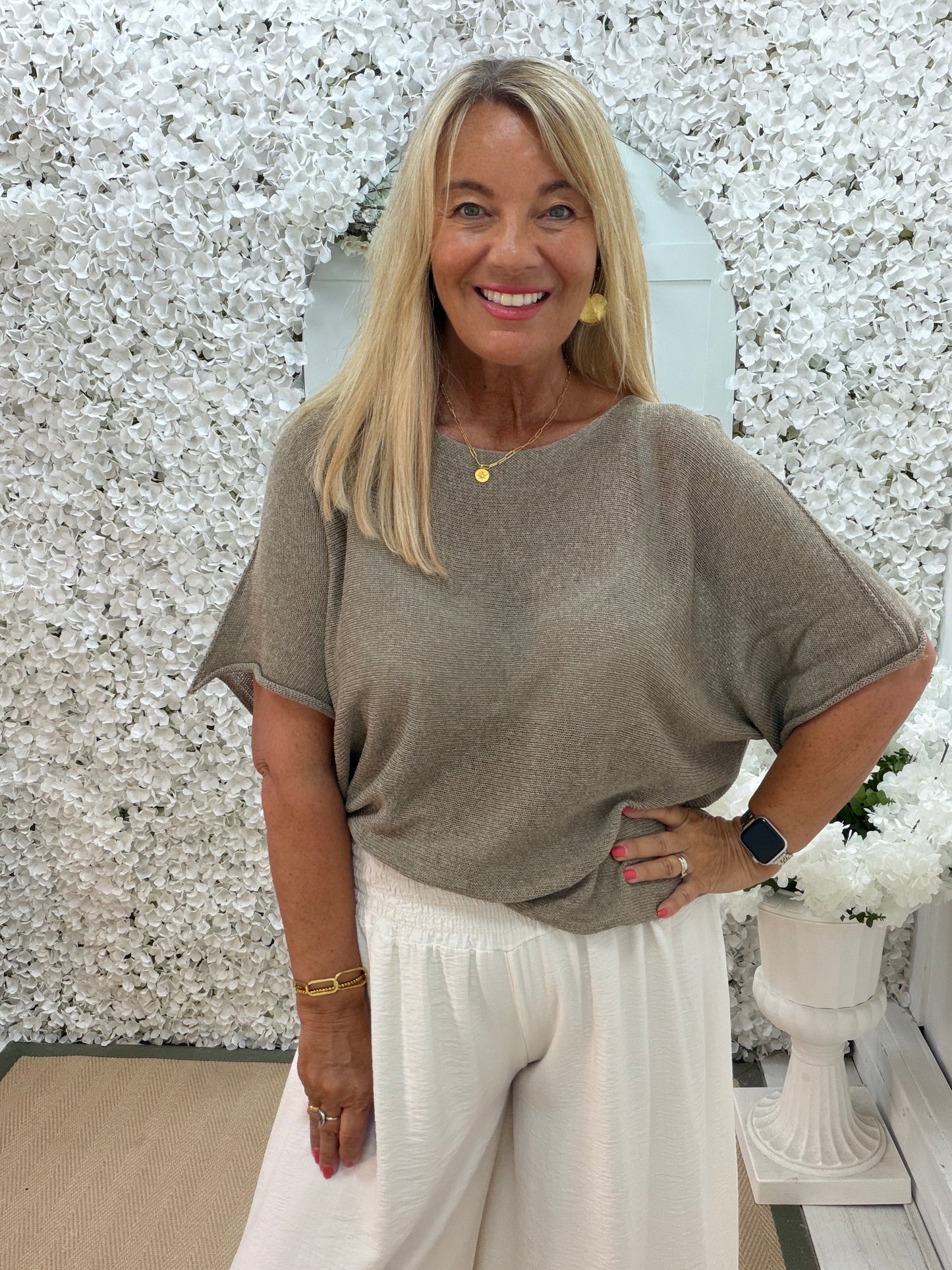 Leonie: Light weight fine knit short sleeve top. One size: 12-18. 7 colours