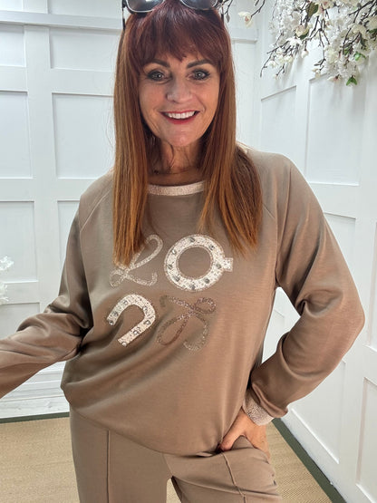 Liana: Mocha diamanté logo sweatshirt. One size: 12-16