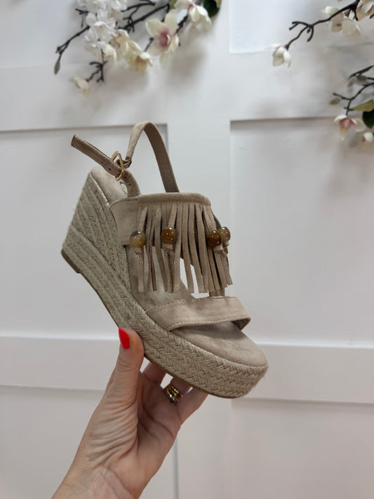 Winnie: Beige tassel wedge shoes. Sizes: 3-8