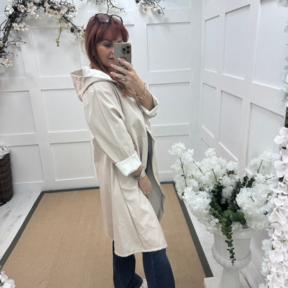 Alma: Cream long hooded raincoat. One size 12-18